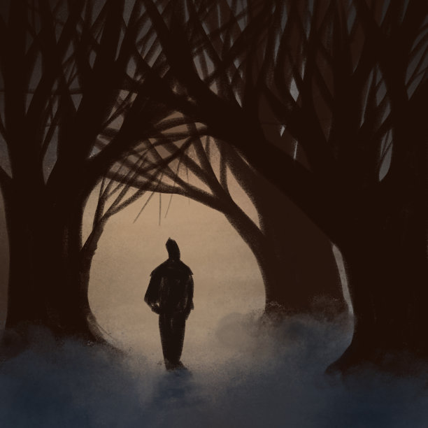 抑郁症的插图。孤独的人在树枝间。图片下载