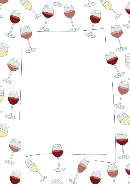 涂鸦卡通潮人风格彩色矢量插图。一个静物与各种红，粉红，玫瑰，白酒杯。酒吧餐厅菜单。广告、海报或卡片。A4画框，并留有文本复印空间图片下载