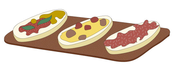 涂鸦卡通潮人风格彩色矢量插图。一套意式烤面包，西班牙小吃，开胃菜。酒吧餐厅菜单广告，海报，卡片，农贸市场食品装饰，网站设计或贴纸图片下载