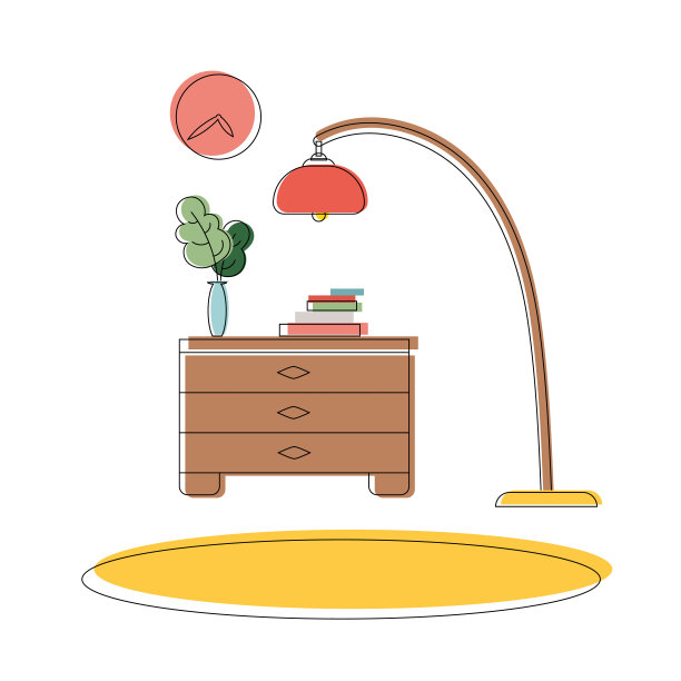 室内元素以彩色线条为艺术风格。地毯、室内植物、书籍、抽屉柜、落地灯。适用于装饰应用，横幅，明信片或报告。向量。图片下载