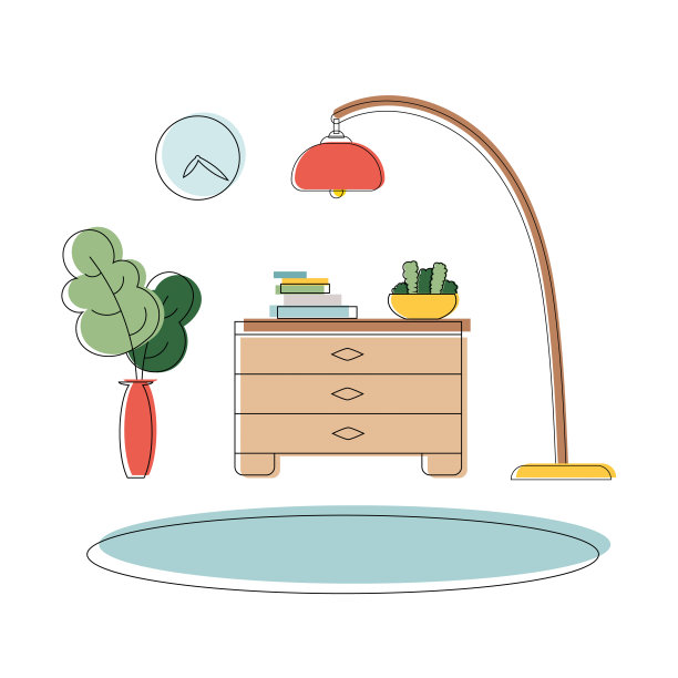 室内元素以彩色线条为艺术风格。地毯、室内植物、书籍、抽屉柜、落地灯。适用于装饰应用，横幅或演示文稿。向量。图片下载