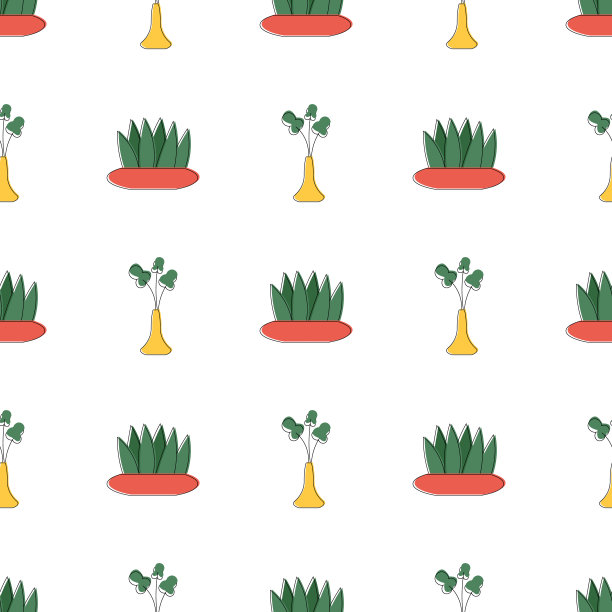 无缝背景与花在花盆。极简主义背景与花盆和三角形。线的艺术。矢量插图。图片下载