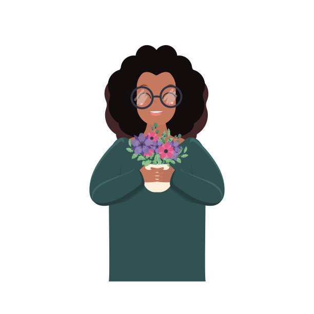 一个戴着眼镜的非洲裔美国女孩手里拿着一盆花。漂亮的黑皮肤的女人。平的风格。孤立。向量。图片下载