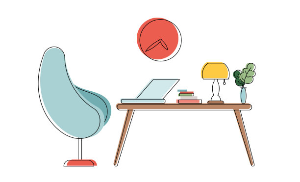 工作场所线条艺术色彩风格。扶手椅，桌子，台灯，笔记本电脑，书，钟，室内植物。适用于设计应用程序、横幅、明信片或演示文稿。普遍的概念。向量。图片下载