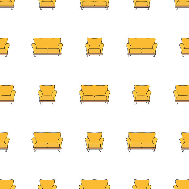 无缝图案与黄色扶手椅和沙发。花盆和三角形的极简主义背景。线的艺术。向量图片下载
