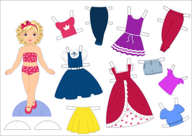 纸娃娃和衣服套装。可爱的女孩。切割的模板。图片下载