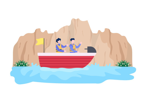 卡通帆船与海或湖视图背景矢量插图。夏季休闲，体育活动和休闲户外生活方式图片下载