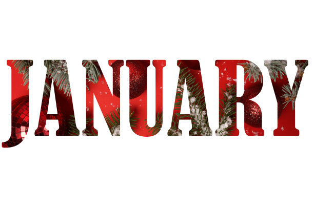 单词一月从红色背景与圣诞树和装饰隔离在白色背景图片下载
