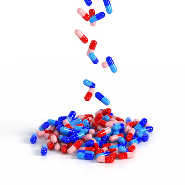 药用胶囊从上面掉下来，堆在白色的背景上。生产的药物。3 d渲染。图片下载