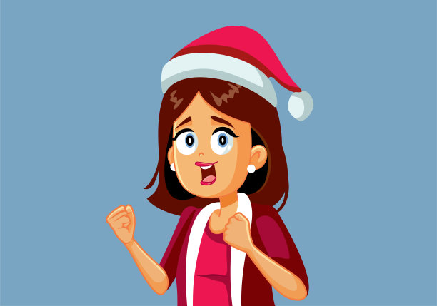 快乐快乐的圣诞妇女戴着圣诞老人的帽子向量卡通图片下载