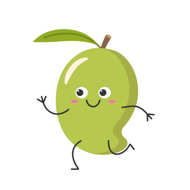 芒果奔跑的角色卡通热带水果颜色绿色快乐快乐的情绪微笑的脸图标矢量插图。图片下载