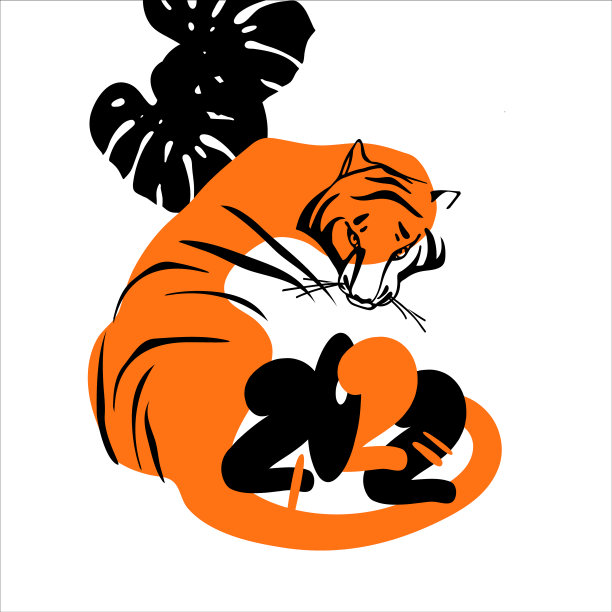 中国新年的象征有动物、日期和妖怪的叶子。向量海报与老虎和数字2022。假日图形插图，贺卡，日历，或网页横幅。图片下载