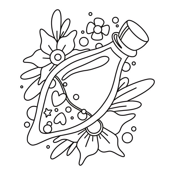 手绘线形魔法毒药瓶与心和花。彩色的书。用于纹身设计，海报，明信片，印刷，纺织，模板。图片下载