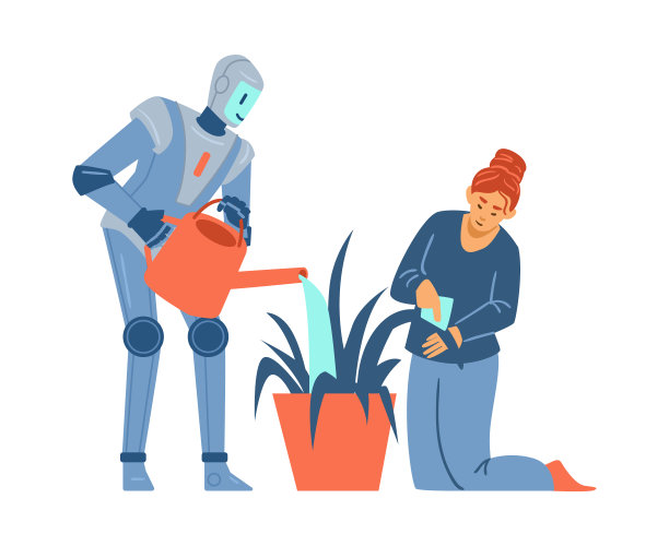 家用机器人帮助妇女与室内植物，平面矢量插图孤立。图片下载
