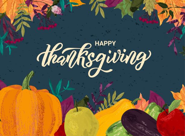 感恩节手写文字与南瓜和秋天décor。秋天的邀请传单，丰收庆典的卡片模板。矢量剪贴画蒙版下。徒手画的插图。图片下载