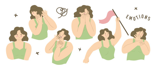 收集女性经历负面情绪的物品。恐惧，悲伤，厌恶，愤怒，紧张，哭泣，不安，沮丧，好斗。矢量插图，平面风格。孤立在白色背景上。图片下载