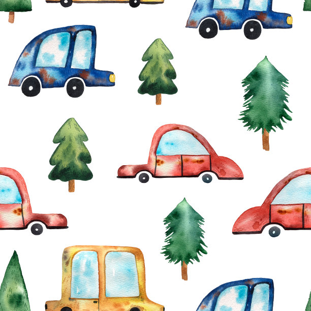 汽车和圣诞树的水彩图案。手绘的风格。卡通艺术。印刷包装纸和纺织品。可爱的孩子无缝纹理。传统的圣诞旧车概念。有趣的装饰品。图片下载