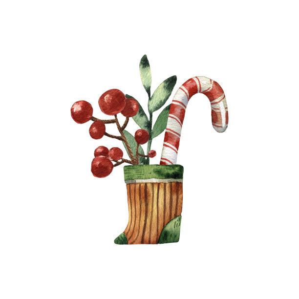 水彩的圣诞贺卡。可爱的圣诞袜和季节性树叶。红色的浆果和槲寄生。手绘插图。可爱的卡通风格。圣诞贺卡和版画的有趣艺术。图片下载