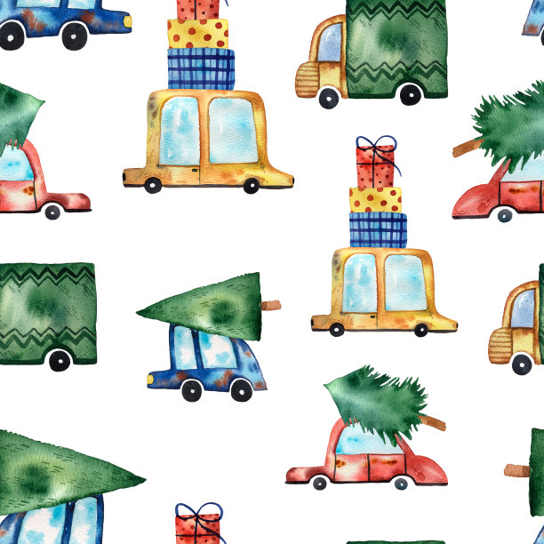 汽车和圣诞树的水彩图案。手绘的风格。卡通艺术。印刷包装纸和纺织品。可爱的孩子无缝纹理。传统的圣诞旧车概念。有趣的装饰品。图片下载