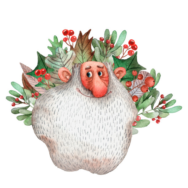 可爱的童话圣诞老人。水彩新年快乐插图。大胡子和红帽子。圣诞节的花束。手绘卡通插图。冬青和槲寄生花束。节日贺卡。图片下载