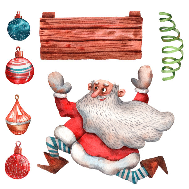 可爱的水彩画圣诞卡。圣诞老人带着礼物。有趣的角色。红色的帽子。传统的拜年装饰。手绘插图。圣诞树。12月前夕。很多礼物。图片下载