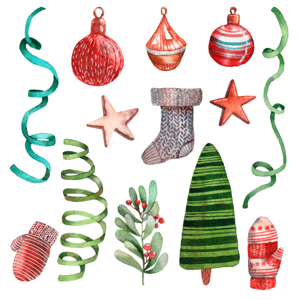 水彩的圣诞节。可爱的圣诞树玩具，花环，袜子和圣诞树。手绘插图。可爱的卡通风格。圣诞贺卡和版画的有趣艺术。丰富多彩的节日插图。图片下载