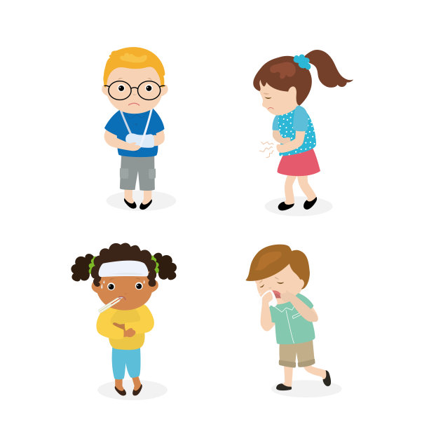 患有不同疾病的儿童。一群生病的孩子。手臂骨折的男孩打了石膏图片下载