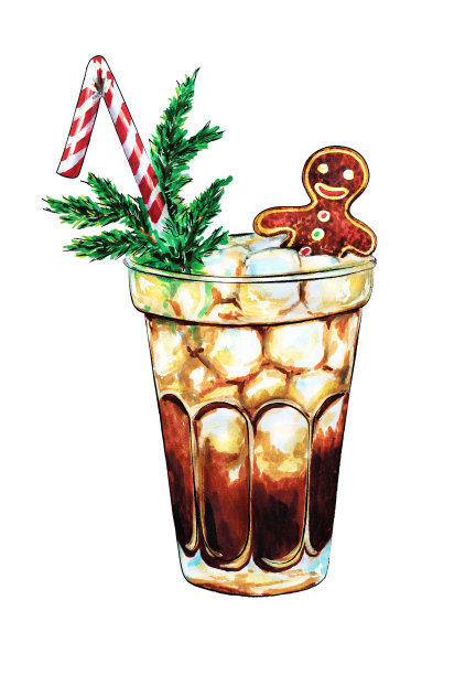 圣诞除夕假日冬季苏打可乐长岛冰茶鸡尾酒酒酒吧派对夜生活手绘食物素描插图。菜单、卡片、海报、请柬、装饰设计图片下载