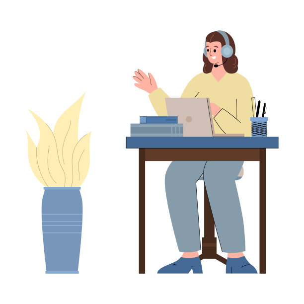 女人在头戴式通讯使用笔记本电脑，平面矢量插图孤立。图片下载