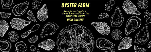 生蚝及加柠檬和冰的生蚝菜。手绘矢量插图。前视图。设计模板。食品菜单。图片下载