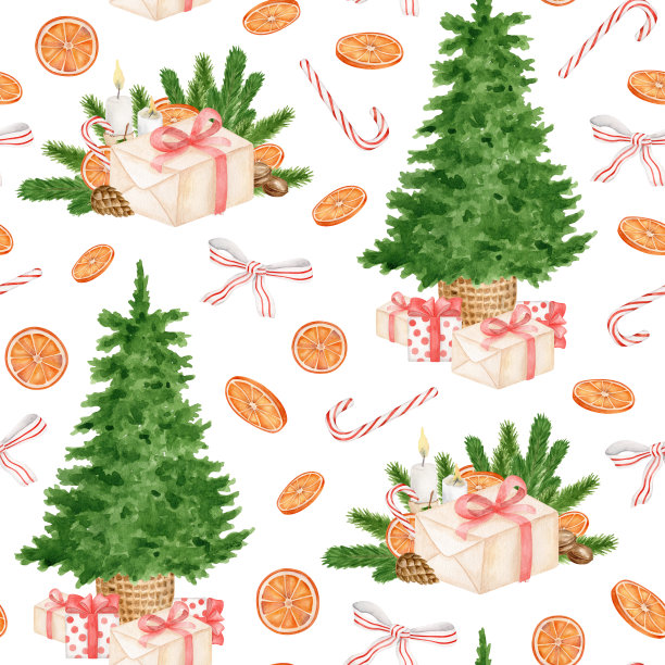 水彩圣诞节无缝模式。手绘圣诞树与礼盒，糖果甘蔗，干桔子水果孤立在白色背景。新年佳节反复设计的包装纸。图片下载