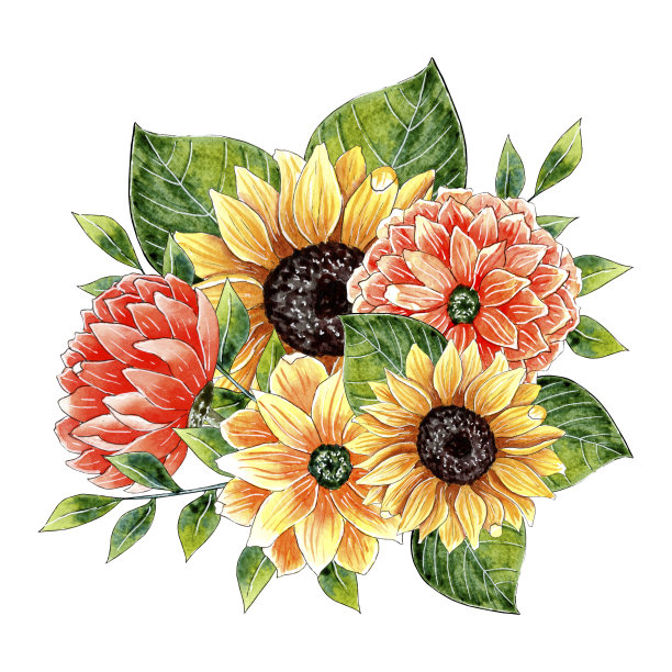 水彩花，秋天秋天的花束构图。图片下载