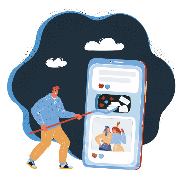 矢量插图的邮件博主上传内容在她的网页，社交网络档案的视频托管频道。在黑暗中沉迷于大智能手机的人。图片下载