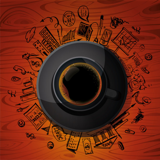 一杯咖啡和木制背景上的手绘。图片下载