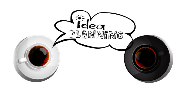 业务规划一杯咖啡，电话和手绘从孤立的白色背景。图片下载