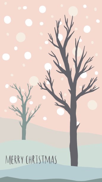 圣诞贺卡可爱的手绘风格和时尚的搭配柔和的颜色。圣诞树和雪人用礼品盒在雪堆上撒上花环和雪花图片下载