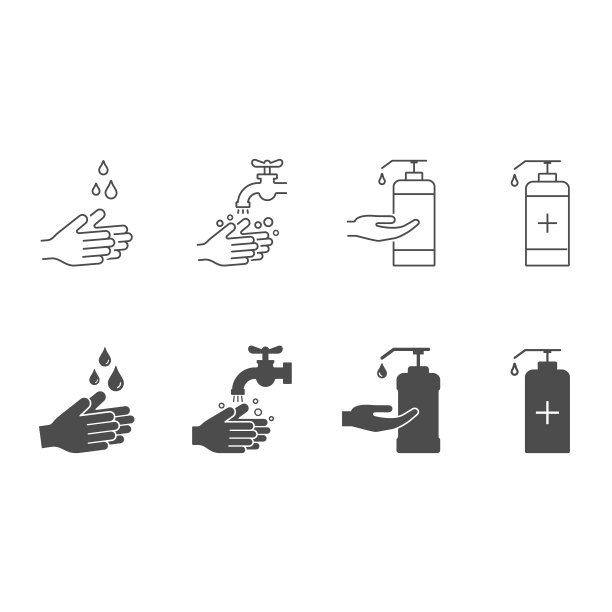 洗手图标。卫生的图标集。肥皂、杀菌凝胶。直线矢量插图图片下载