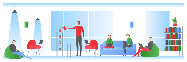 在现代办公室里用笔记本电脑工作的员工。矢量图图片下载