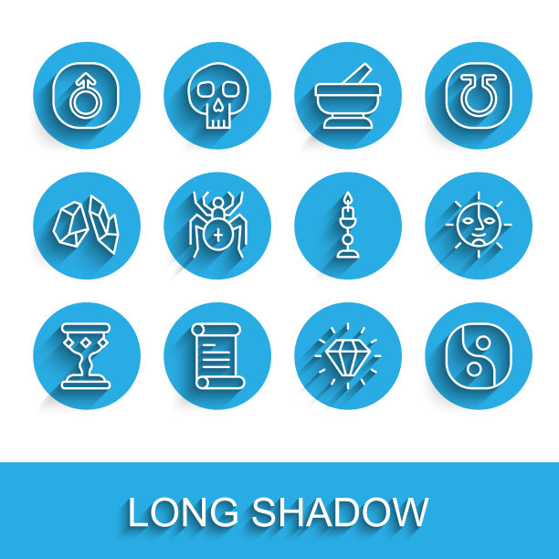 集线中世纪酒杯，法令，羊皮纸，卷轴，火星，钻石，阴阳，蜘蛛，太阳和燃烧的蜡烛图标。向量图片下载