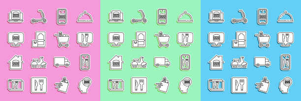 设置线在线订购和送货，咖啡馆餐厅位置，汉堡，和购物车食品图标。向量图片下载