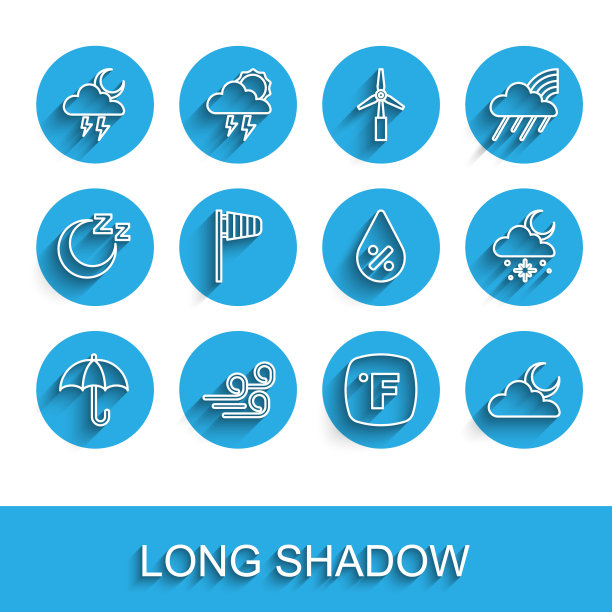 设置线伞，大风天气，风暴，华氏，云与月亮，锥形风标风标，雪和太阳和水滴百分比图标。向量图片下载