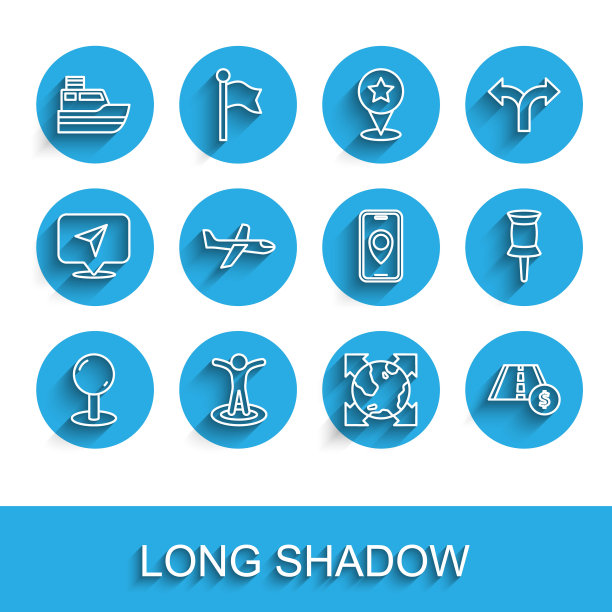 Push pin, Location with person, Ship line path, World globe compass, Toll road traffic sign, Plane, and City map navigation icon. Push pin, Location with person, Ship line path, World globe compass, Toll road traffic sign, Plane, and City map navigation icon。向量图片下载