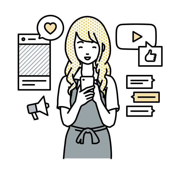 一位身穿咖啡围裙的女士站在一边，看着手里的智能手机，享受着通过各种社交网络和messenger进行交流的乐趣图片下载