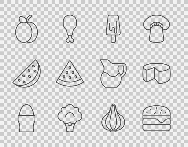 鸡蛋鸡，汉堡，冰淇淋，西兰花，李子水果，西瓜，大蒜和奶酪图标。向量图片下载