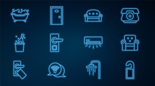 设置“请勿打扰”、扶手椅、沙发、数字门锁、香槟瓶、浴缸、空调、酒店图标。向量图片下载