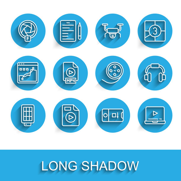 设置线条软盒灯，AVI文件文件，相机快门，照片和视频拍摄，在线播放，MP4，耳机和电影卷轴图标。向量图片下载