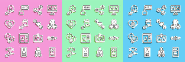 Set line约会app在线，浪漫的关系，永远的朋友，BFF最好的朋友，送礼物，好的，友谊日快乐和图标。向量图片下载