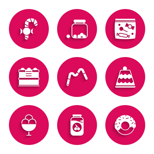 设置果冻蠕虫糖果，樱桃果酱罐，甜甜圈，蛋糕，冰淇淋在碗，糖果包装糖果和圣诞手杖图标。向量图片下载