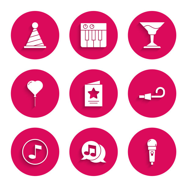 设置贺卡，音乐音符演讲气泡，麦克风，生日派对喇叭，音符，音调，气球形式的心，鸡尾酒和派对帽子图标。向量图片下载