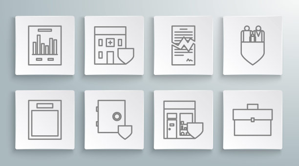 设线空表，医院建筑用盾，保险柜，购物箱，公文包，撕破合同，家庭保险和文件图表图标。向量图片下载